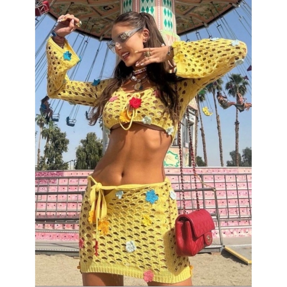 Lovers and Friends Yellow Flower Power Crochet 2 Piece Set Crop Top Skirt XXS